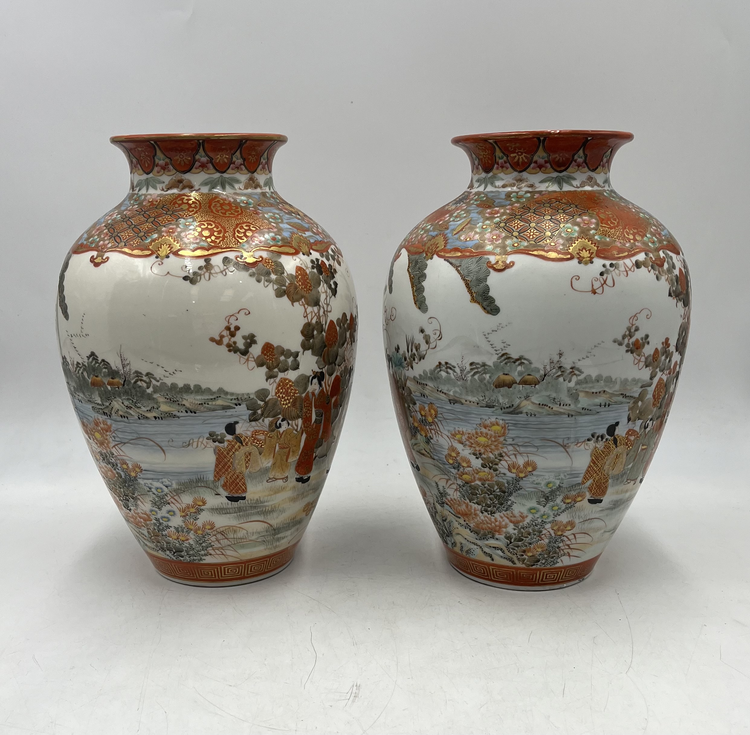 A pair of Japanese Kutani ware vases with six-character marks to base. Approximate height 30cm - Image 3 of 4