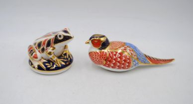 Two Royal Crown Derby paperweights - a pheasant and a frog, both with gold stoppers