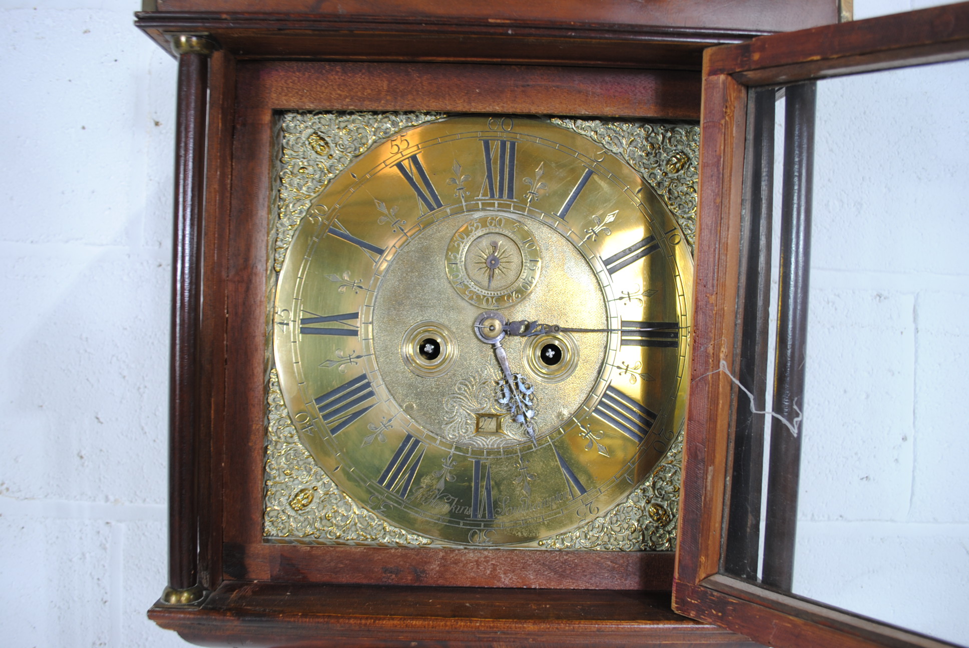 A Georgian mahogany chiming longcase clock, with brass dial named to 'Fri-Hawkins, Southampton', - Image 6 of 12