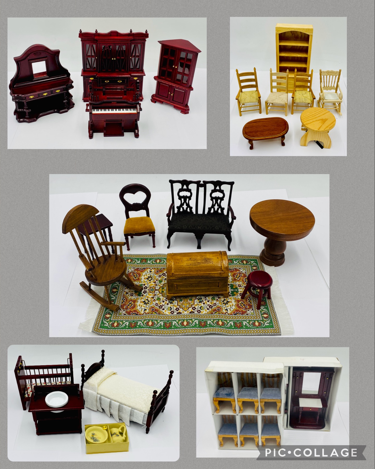A collection of dolls house furniture including dining chairs, bed, piano, cot, coffee table, corner