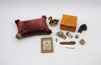 A mixed lot, including a WWI era pin cushion marked 1919, 'Book of Toasts', brass swan pin