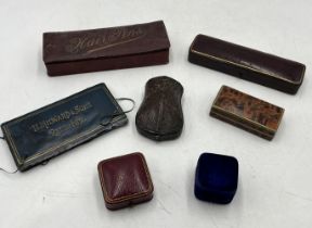 A small collection of antique jewellery boxes, hairpin case and West End needle case