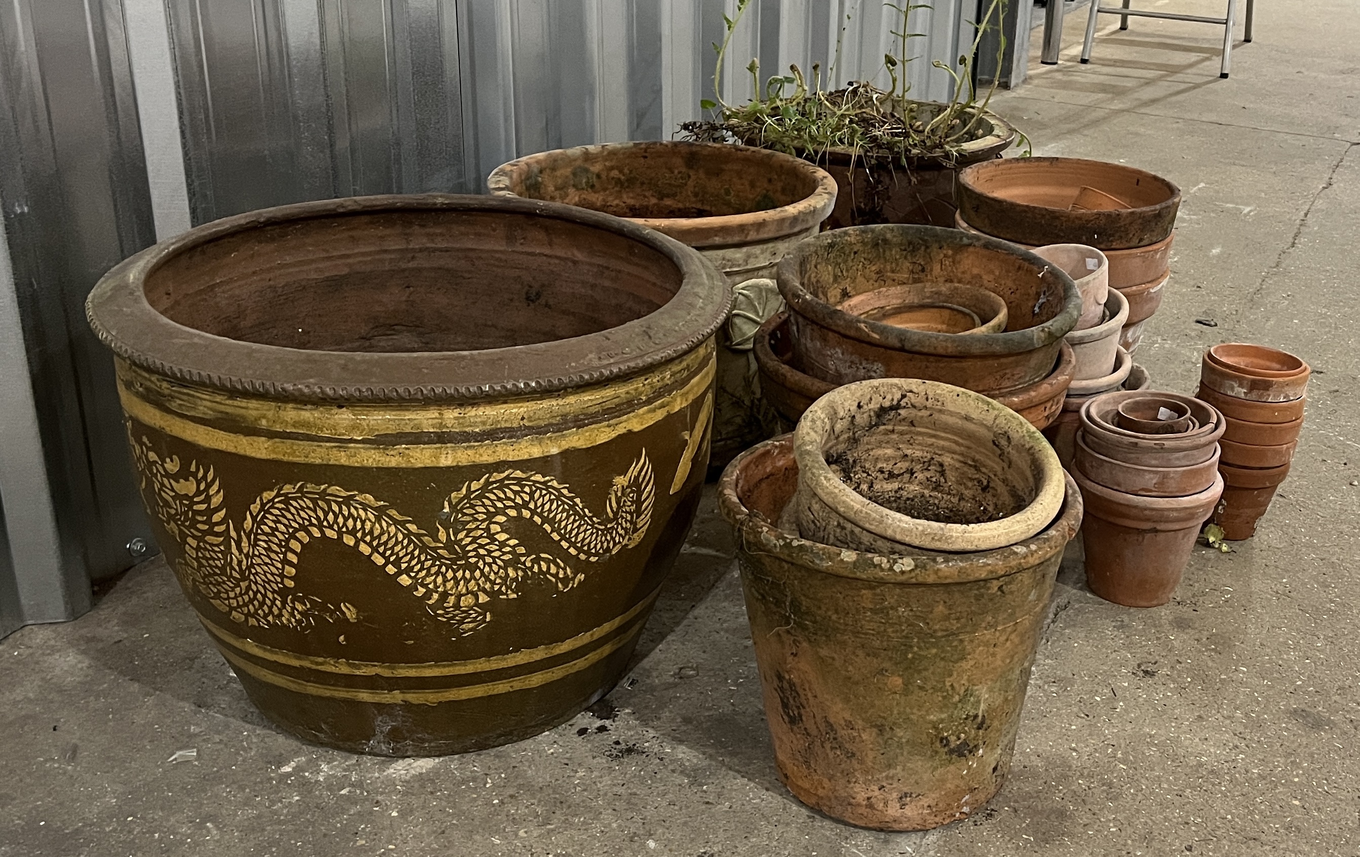 A collection of various terracotta pots along with a large earthenware planter with Chinese dragon - Image 2 of 4