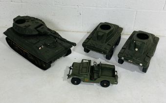 Three large Cherilea Toys military toy vehicles including a tank and two armoured scout cars,