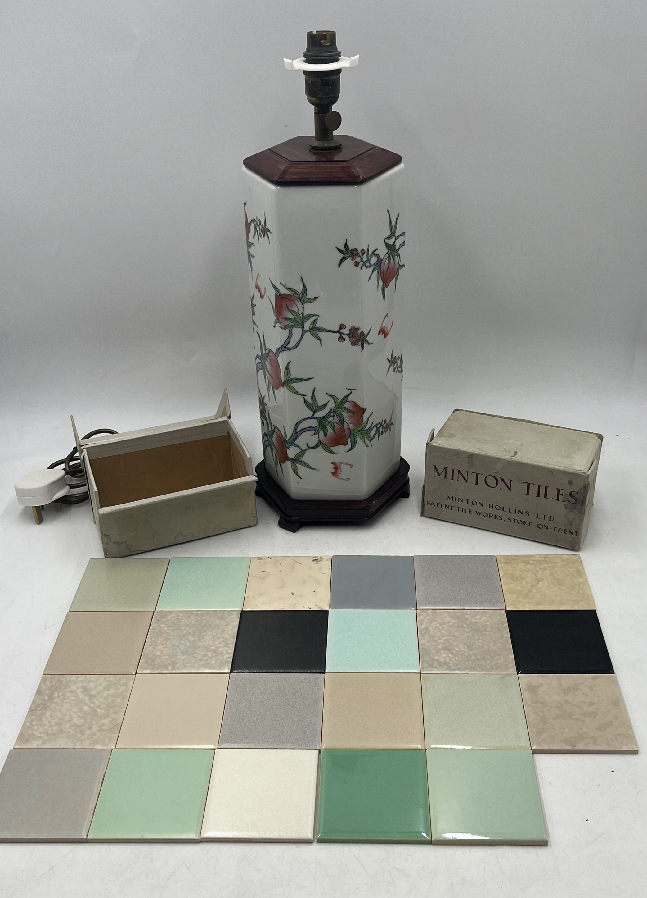 Two boxes of Minton Fireplace Tiles along with an oriental lamp (one base "leg" missing) - Image 8 of 8