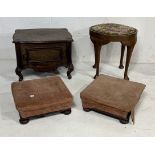 A collection of antique stools including matched pair (one foot missing)