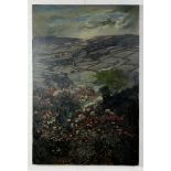 A large oil unsigned on canvas of a rural valley with flowers in the foreground, small tear in