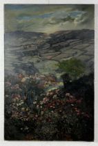 A large oil unsigned on canvas of a rural valley with flowers in the foreground, small tear in