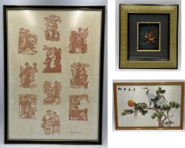 A framed set of Chinese papercuts titled Peking 1992 along with an Eastern silk picture and one