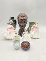 An assortment of ornamental ceramics including Royal Doulton, Wedgewood Jasperware, Crown