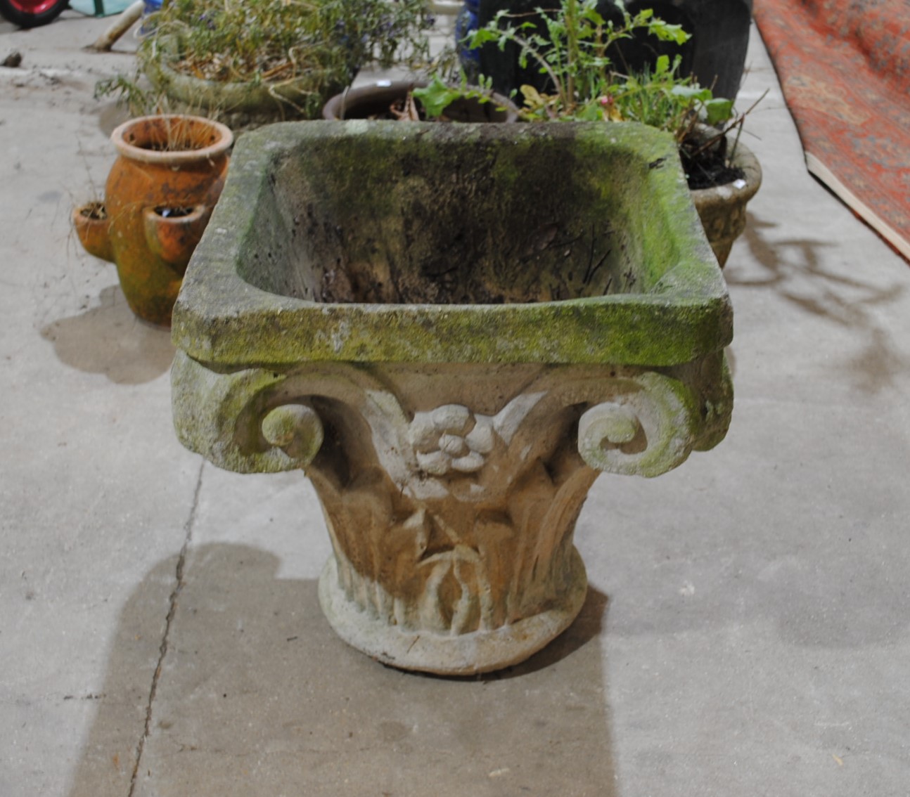 A large reconstituted garden urn in the form of a Corinthian column capital - length 52cm, height - Image 2 of 4