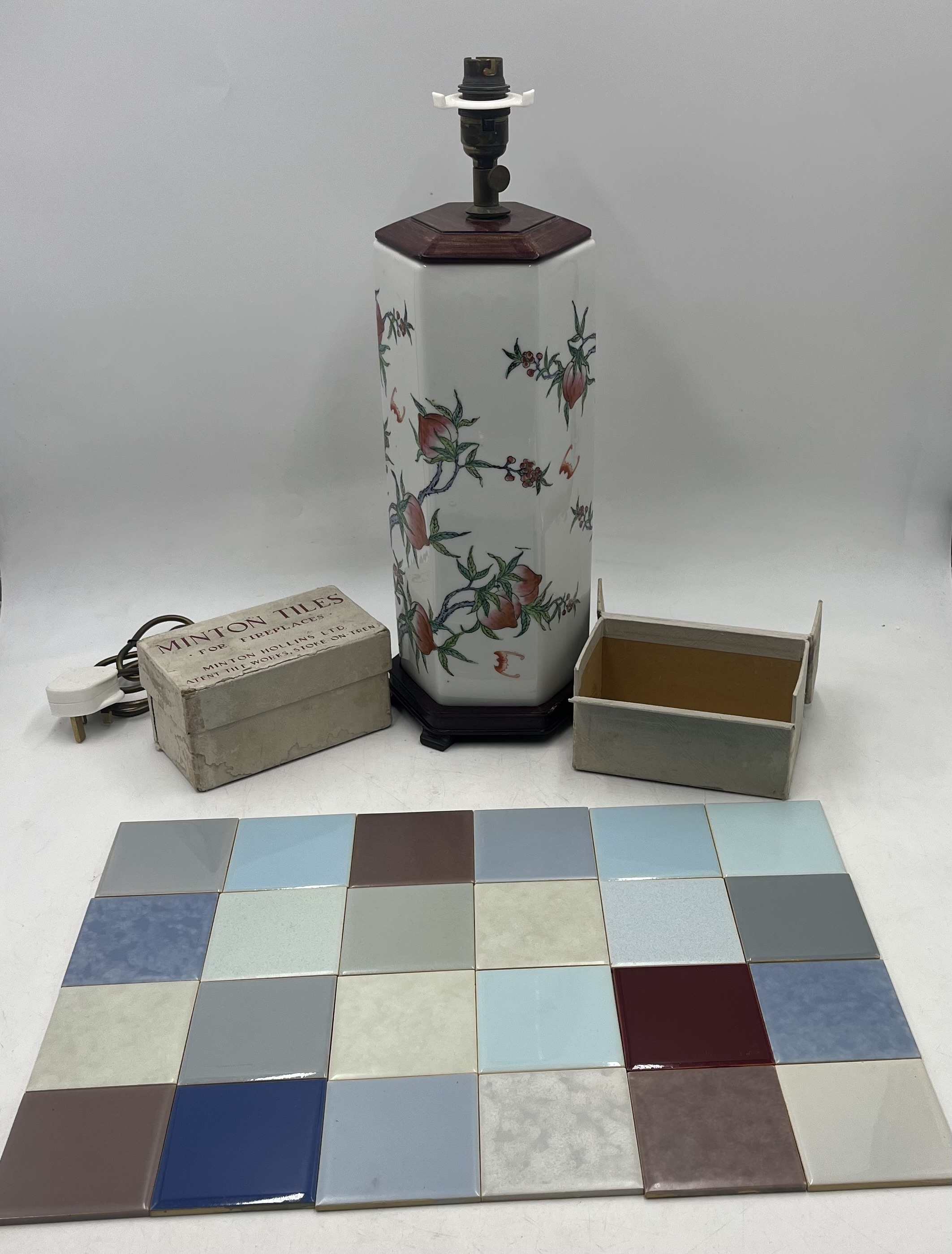 Two boxes of Minton Fireplace Tiles along with an oriental lamp (one base "leg" missing) - Image 7 of 8