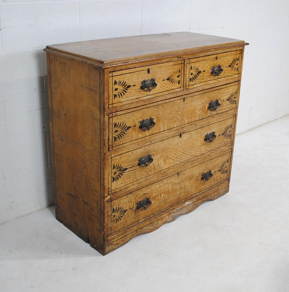 An antique pine chest of five drawers, with painted decoration and metal Art Nouveau handles - - Image 3 of 10