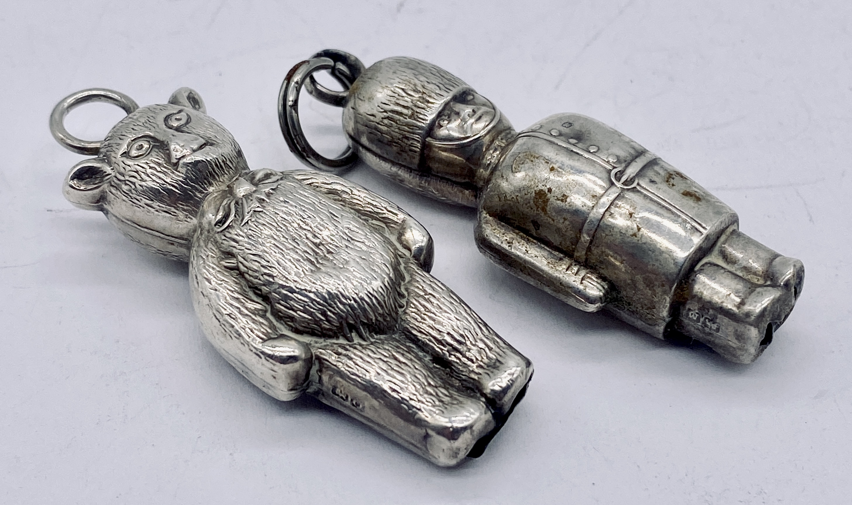 Two hallmarked silver novelty rattles, an SCM cat rattle, articulated teddy bear earrings etc. - Image 3 of 3