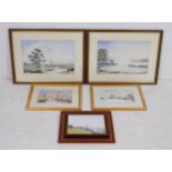 Five framed paintings, comprising two landscape watercolours signed 'Mercy Oddy', two landscape