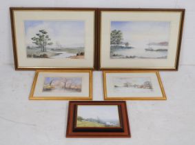 Five framed paintings, comprising two landscape watercolours signed 'Mercy Oddy', two landscape