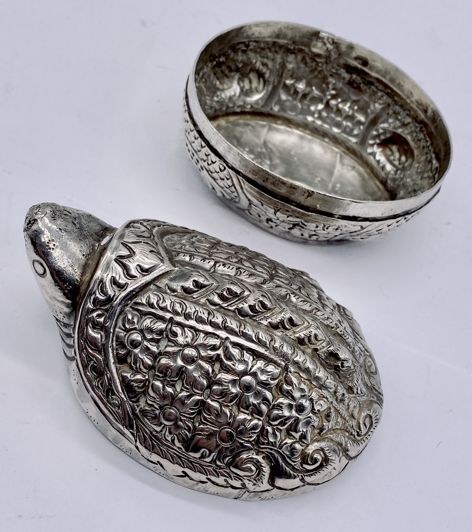 Three hallmarked silver salts along with an SCM eastern box in the form of a turtle, an SCM - Image 4 of 6