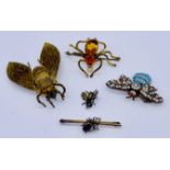 Five vintage insect brooches including a 925 silver bee brooch