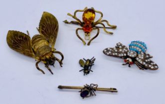 Five vintage insect brooches including a 925 silver bee brooch