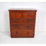 A Victorian mahogany chest of five drawers, with turned handles - length 100.5cm, depth 47cm, height