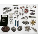 A collection of 925 silver and SCM brooches, earrings etc.