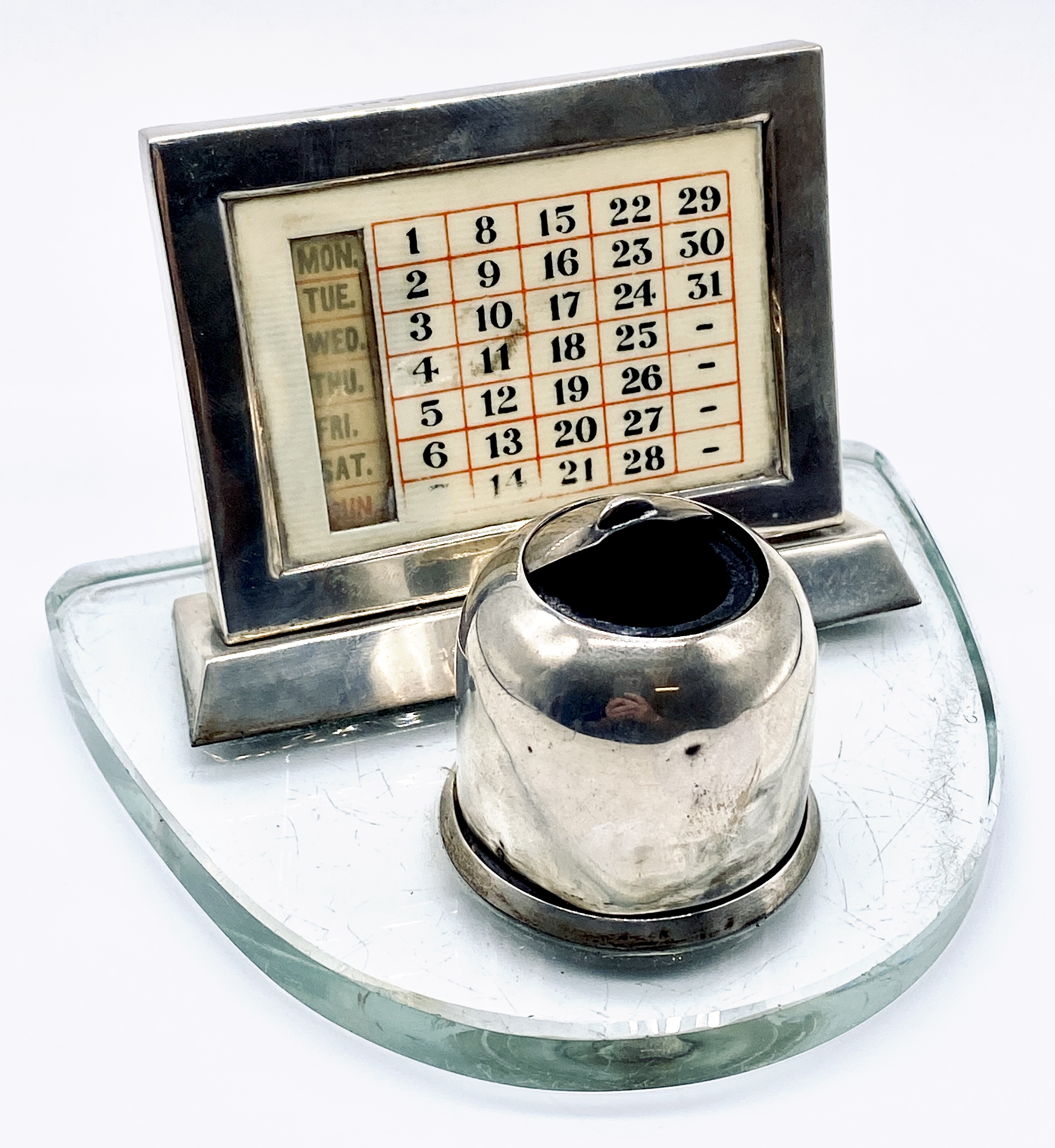 A hallmarked silver combination desk calendar and inkwell on crystal base, dated Birmingham 1915 - Image 2 of 3