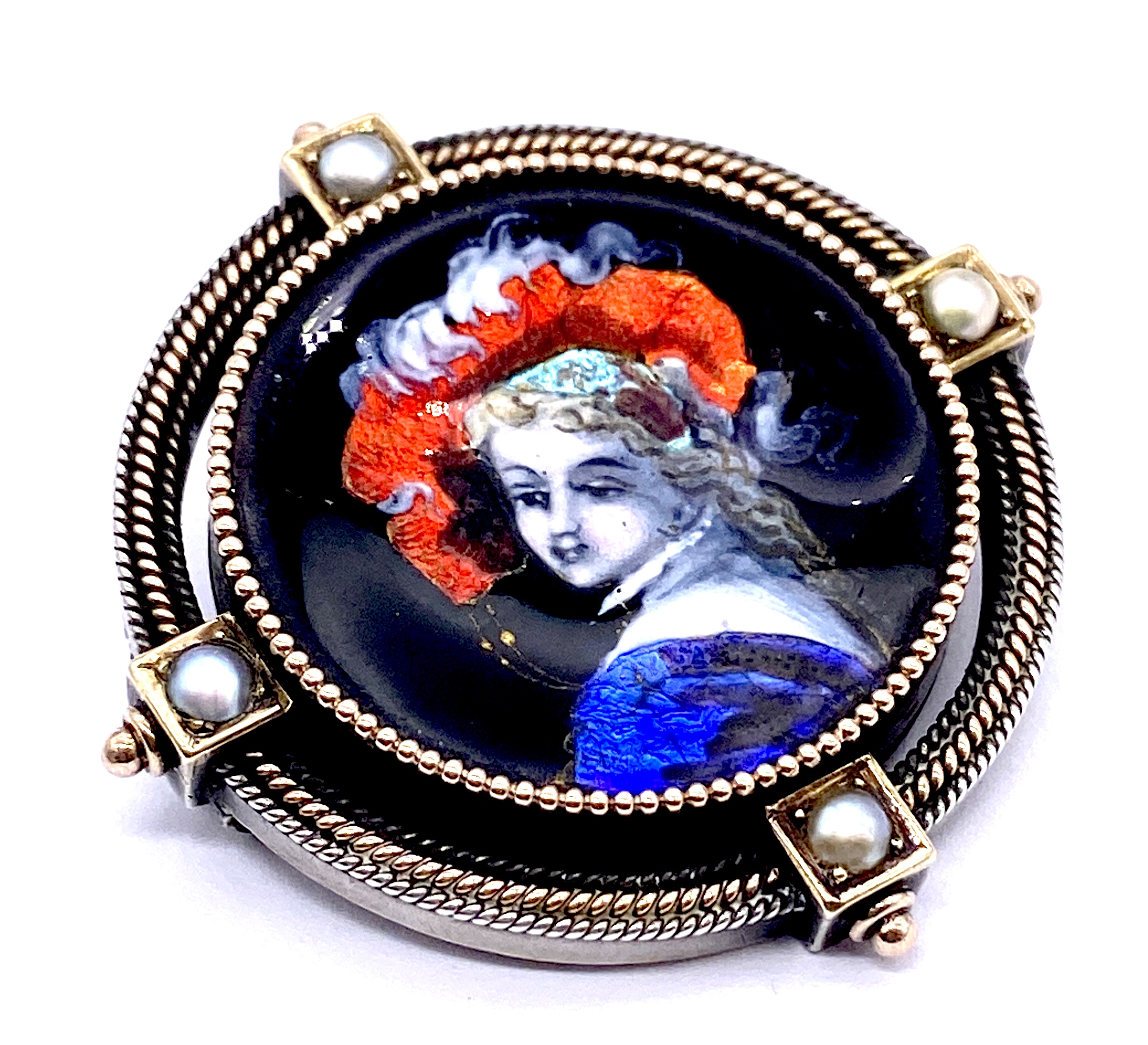 An antique French Limoge enamel silver and gold coloured metal brooch. mount set with seed pearls,