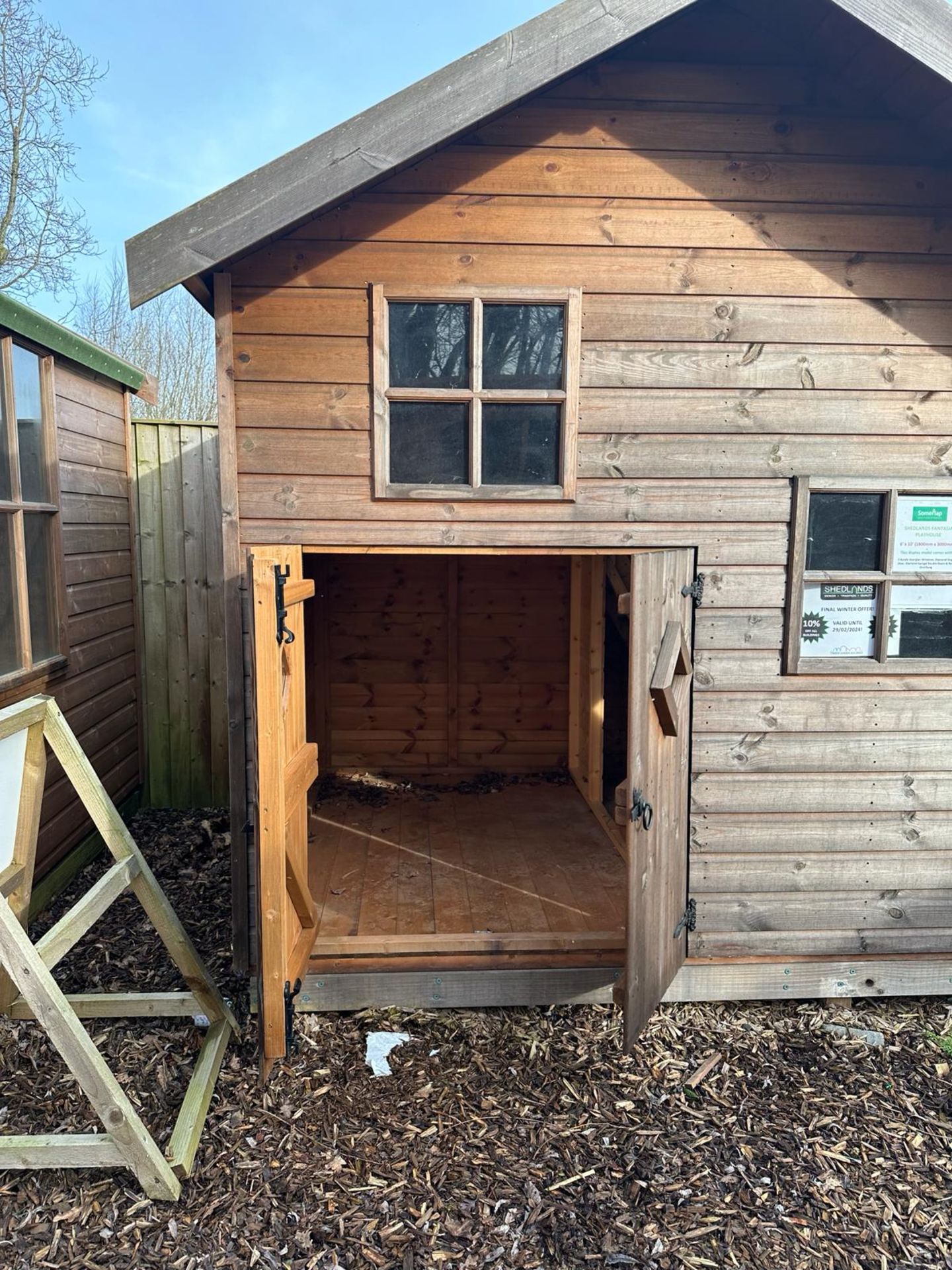Ex-display 6x10 2-storey timber playhouse with garage, Standard 16mm Nominal Cladding £1779