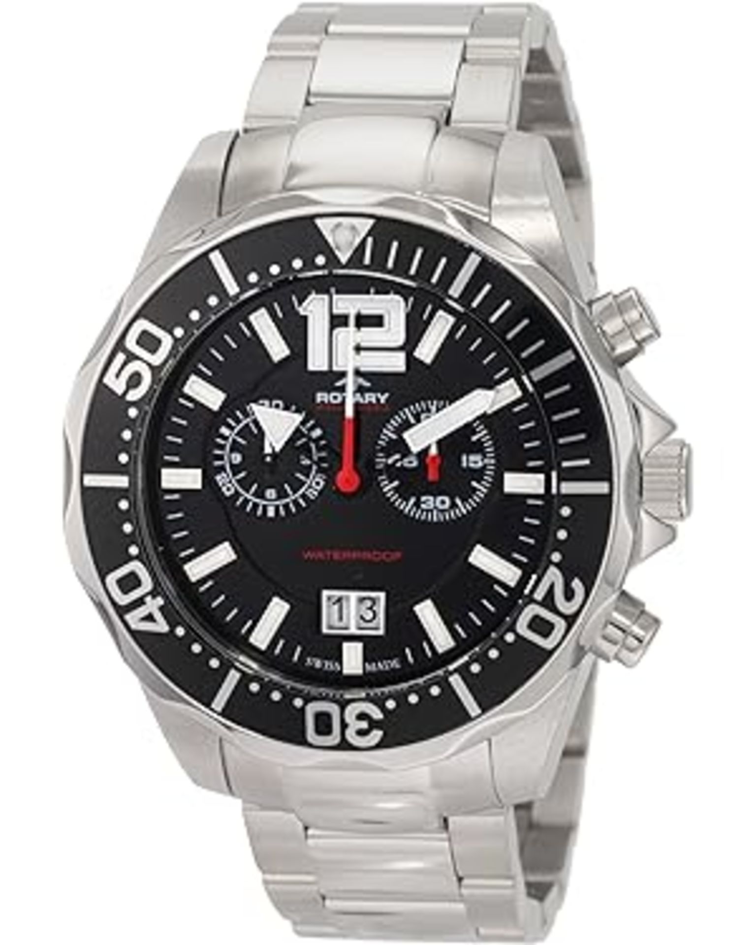 Swiss Made Rotary Men's Quartz Watch with Black Dial Chronograph Display and Silver Stainless