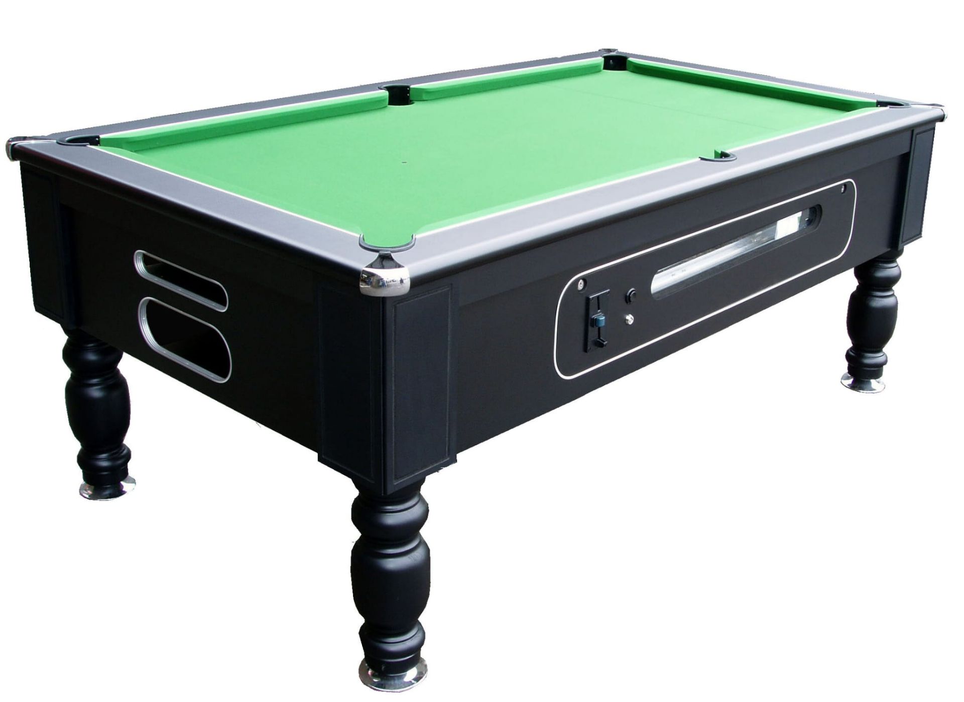 Barline pool table available in 6.4. Coin-operated and free-play. colors. Slate bed commercial