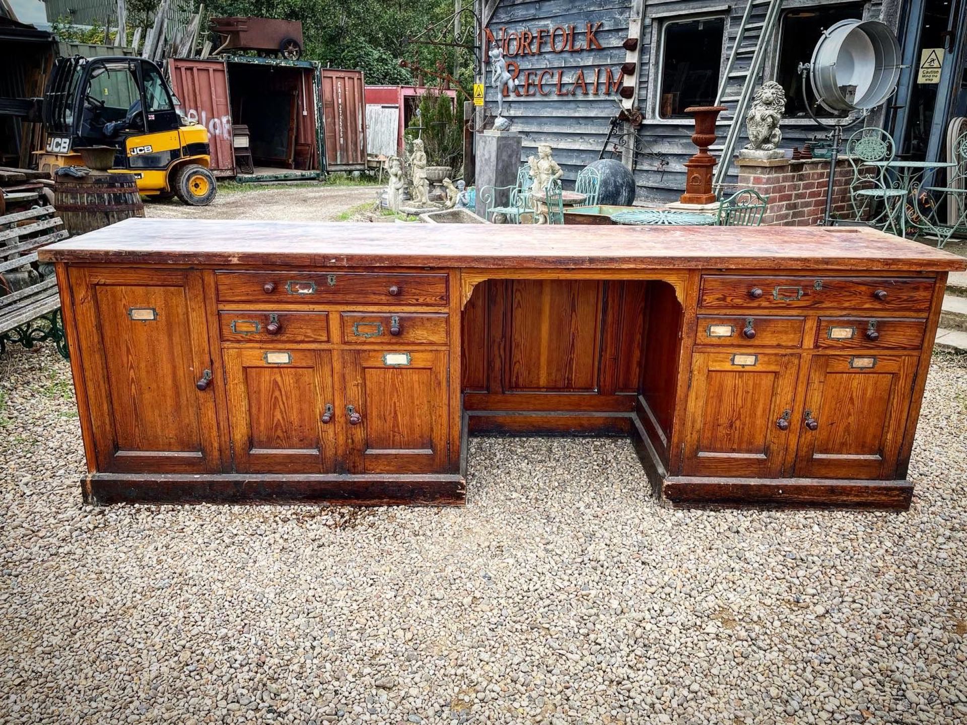 Shop Counter Victorian pitch pine 3m long by 900 high by 670 mm deep