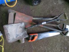 SLEDGE HAMMER, SAW AND 4NO ASSORTED SHOVELS. SOURCED FROM COMPANY LIQUIDATION.