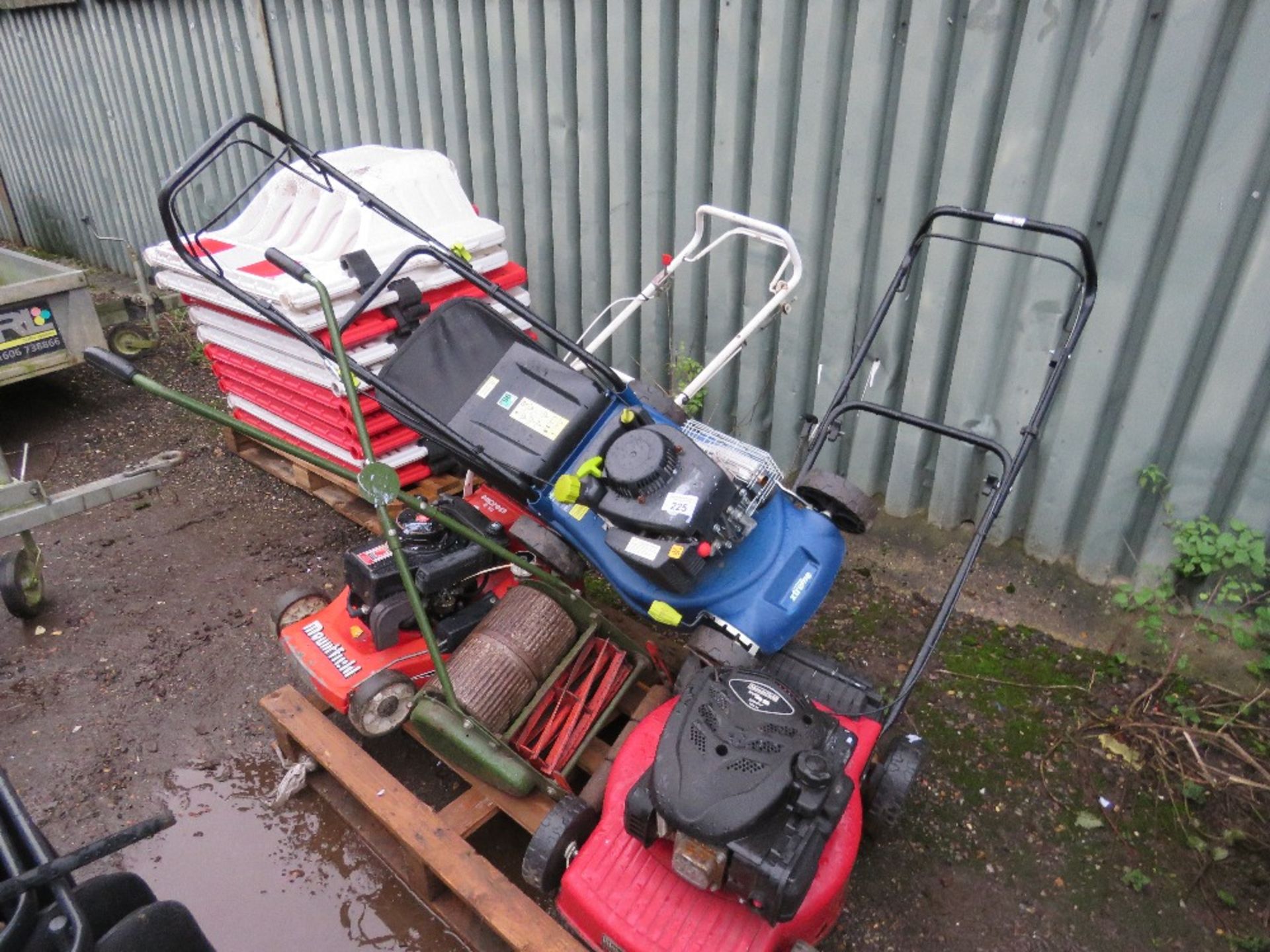 PALLET CONTAINING 4 NO ASSORTED LAWNMOWERS. THIS LOT IS SOLD UNDER THE AUCTIONEERS MARGIN SCHEM