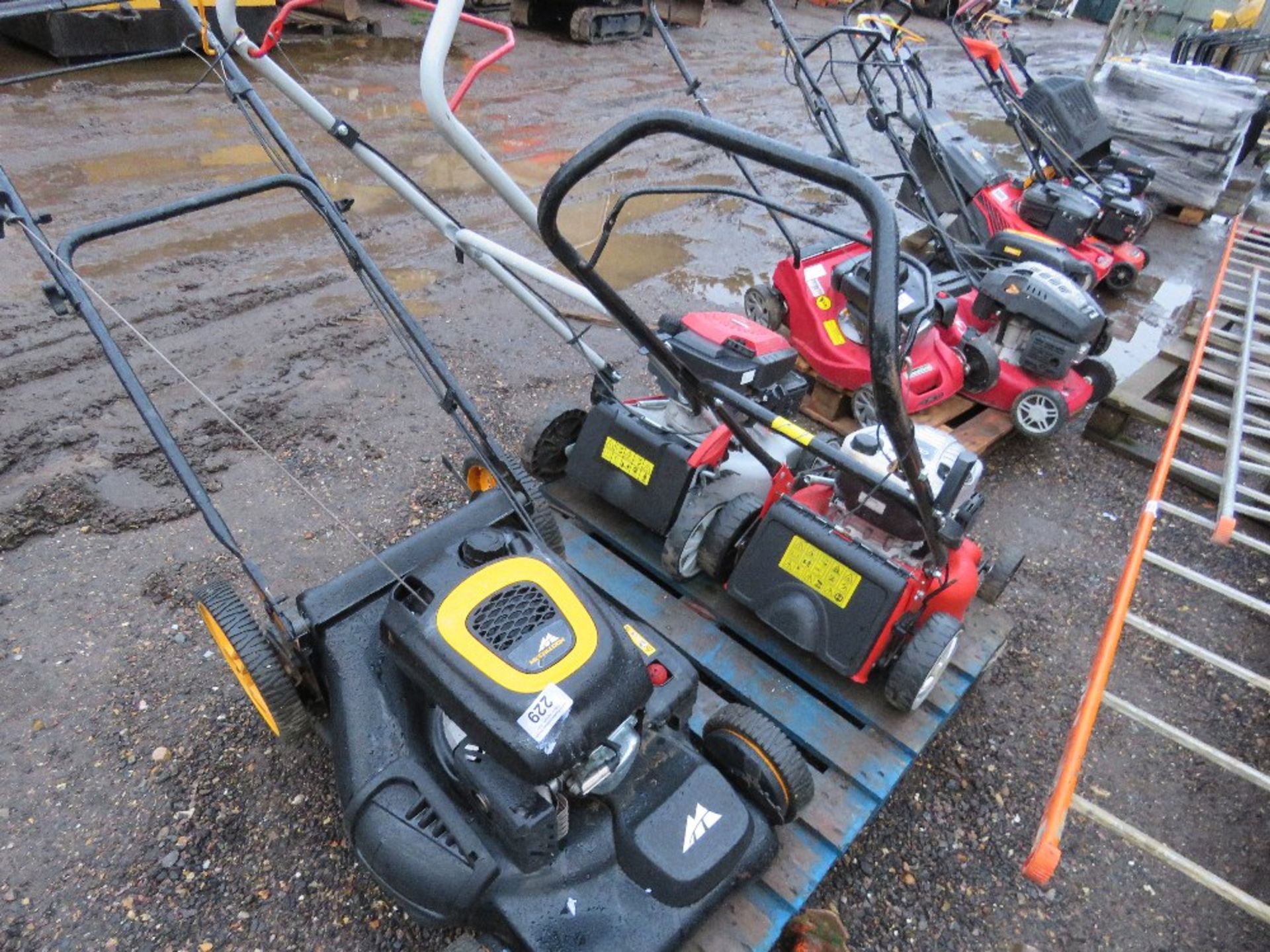 PALLET CONTAINING 3 NO ASSORTED LAWNMOWERS. THIS LOT IS SOLD UNDER THE AUCTIONEERS MARGIN SCHEM