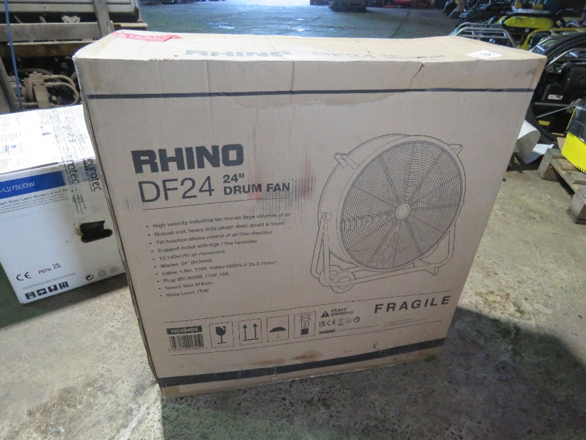 RHINO 110VOLT POWERED FAN, 24" SIZE. BOXED, UNUSED. SOURCED FROM COMPANY LIQUIDATION.