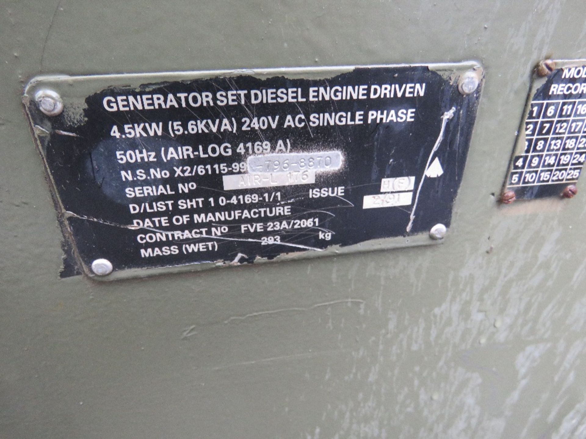 EX ARMY 4.5KVA DIESEL ENGINED GENERATOR SET. SOURCED FROM COMPANY LIQUIDATION. THIS LOT IS SOLD - Image 6 of 6
