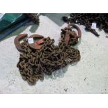 LIFTING CHAIN: 14FT LENGTH APPROX, 2 LEGGED WITH PLATE LIFTING HOOKS.