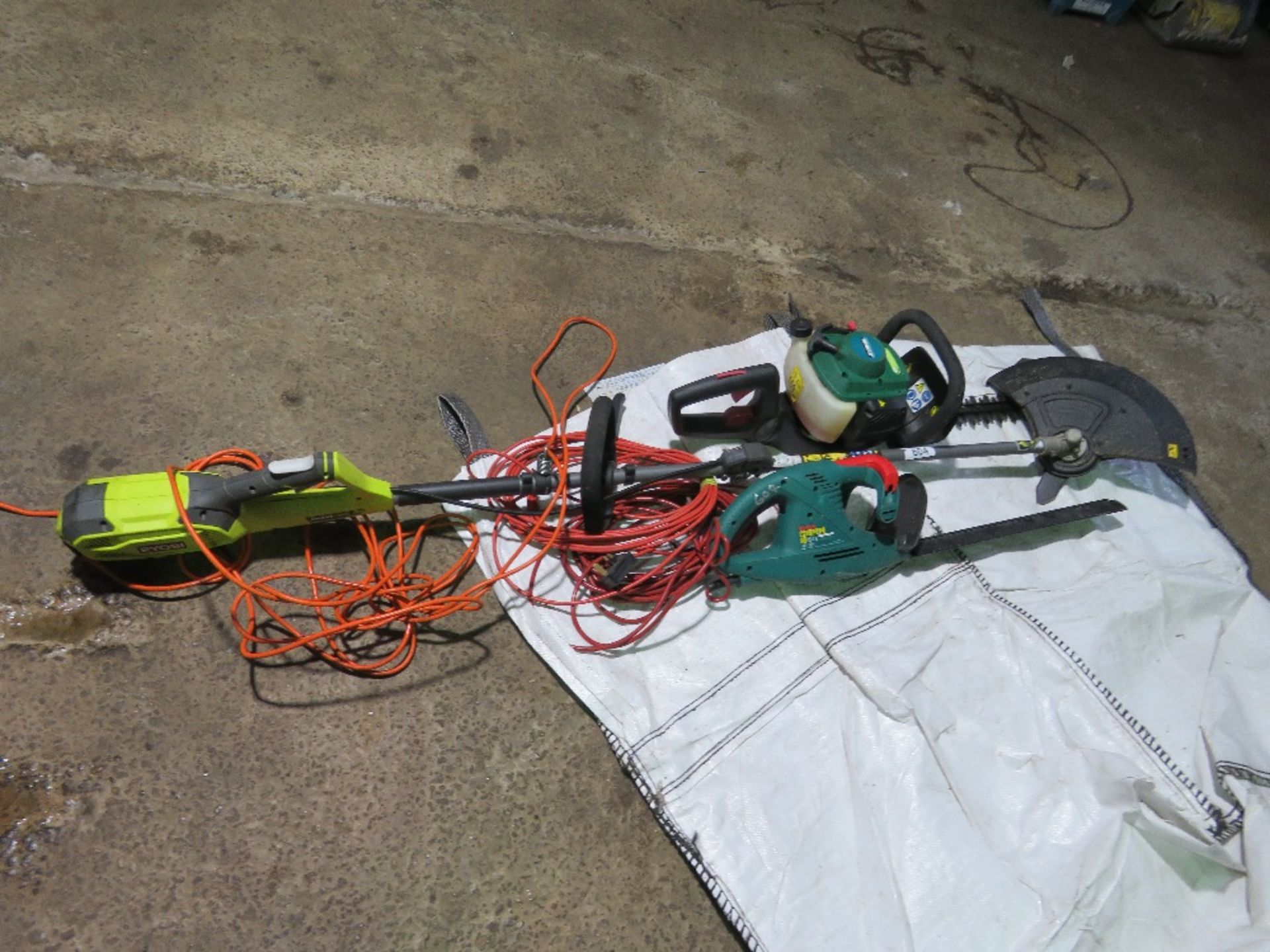 ELECTRIC STRIMMER, PETROL HEDGE CUTTER AND ELECTRIC HEDGE CUTTER. THIS LOT IS SOLD UNDER THE AUCT