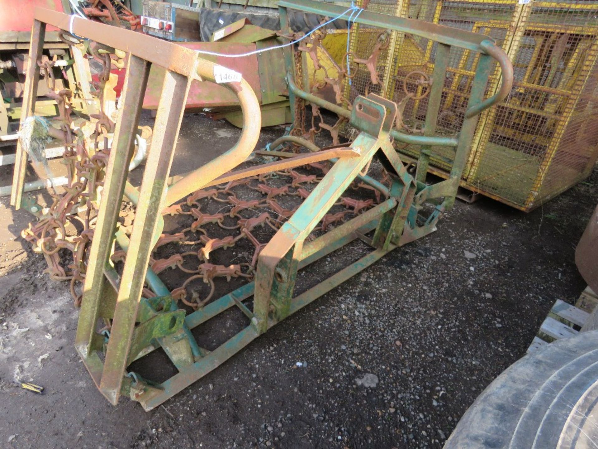 FOLDING FRASS HARROW SET, TRACTOR MOUNTED, 12FT WIDTH APPROX.