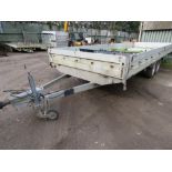 PUNZMANN TWIN AXLED LONG BED TRAILER, 20FT X 7FT BED APPROX WITH DROP SIDES.