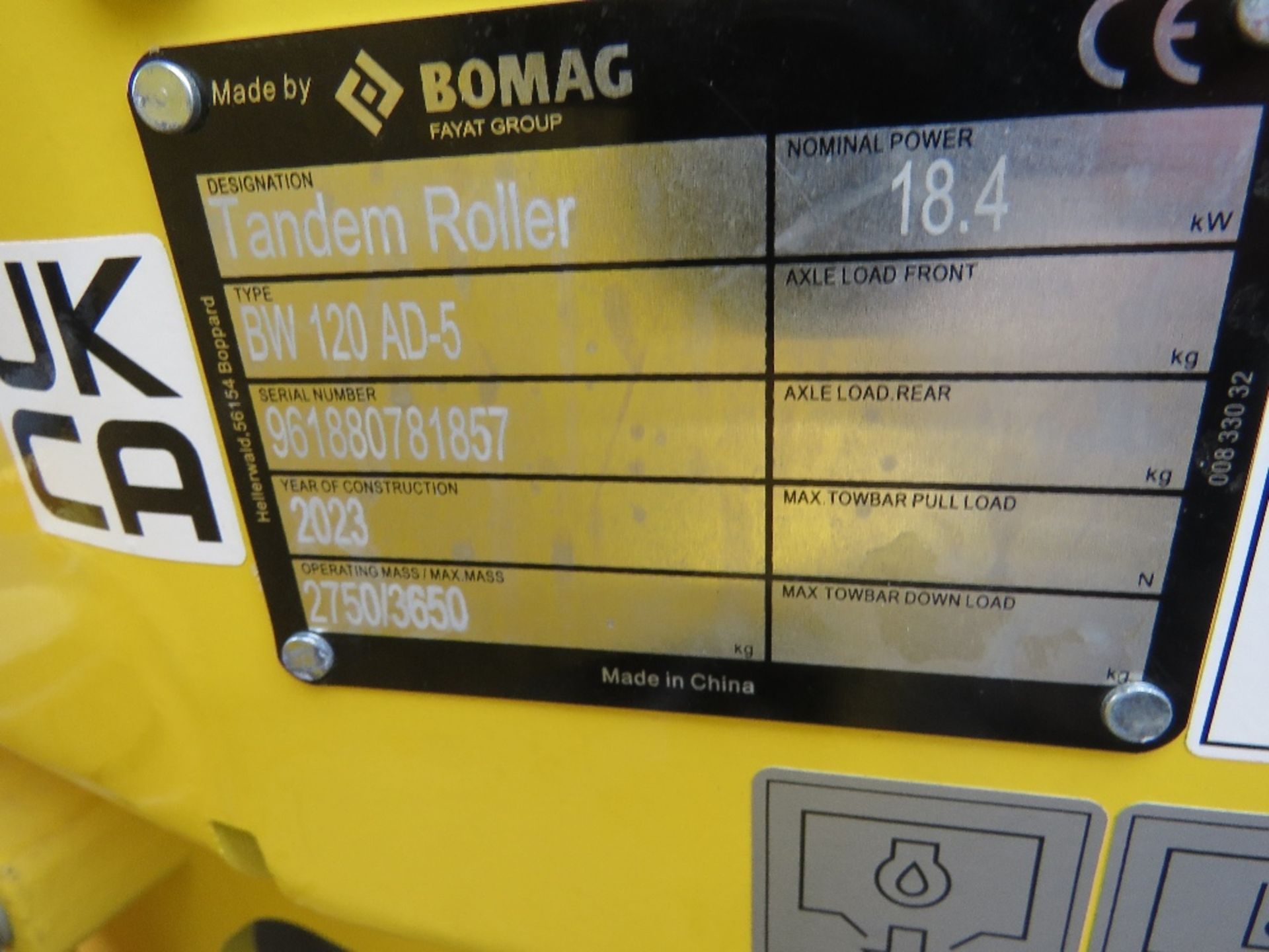 BOMAG 120AD-5 DOUBLE DRUM ROLLER YEAR 2023 BUILD, UNUSED, 1.6 HOURS. SN:961880781857. WHEN TESTED WA - Image 16 of 16