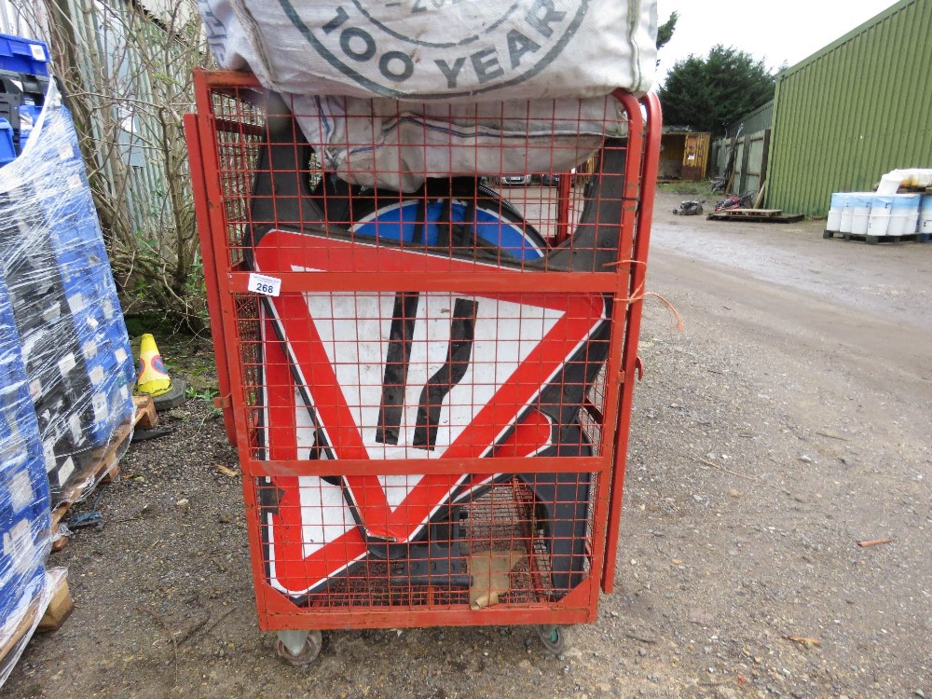 STILLAGE CONTAINING ROAD SIGNS PLUS POLYSTYRENE INSERTS. SOURCED FROM COMPANY LIQUIDATION.