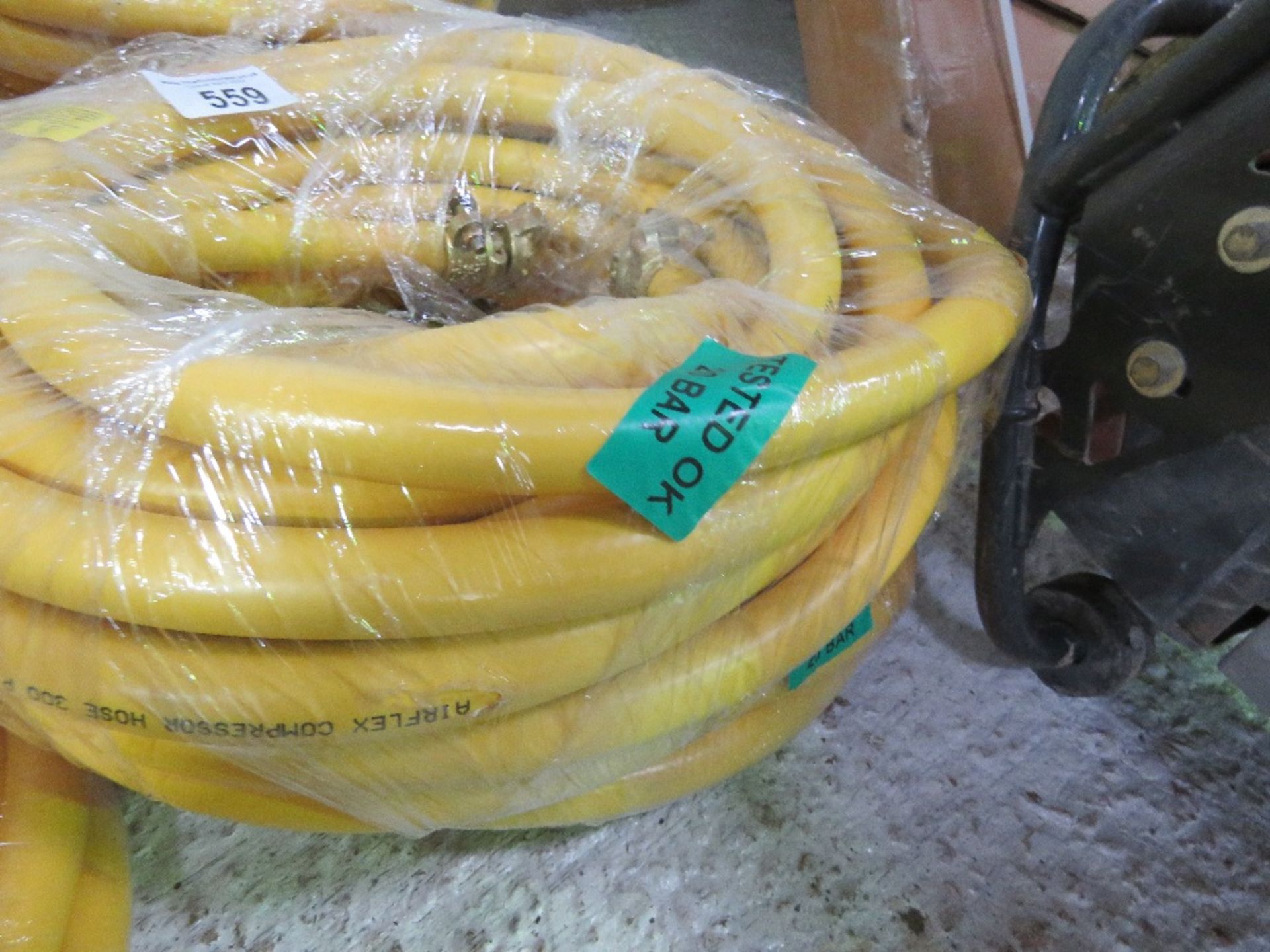 2NO UNUSED COMPRESSOR AIR HOSES 15M LENGTH, TESTED TO 20BAR, 3/4BSP FITTINGS, 19MMX29MM.