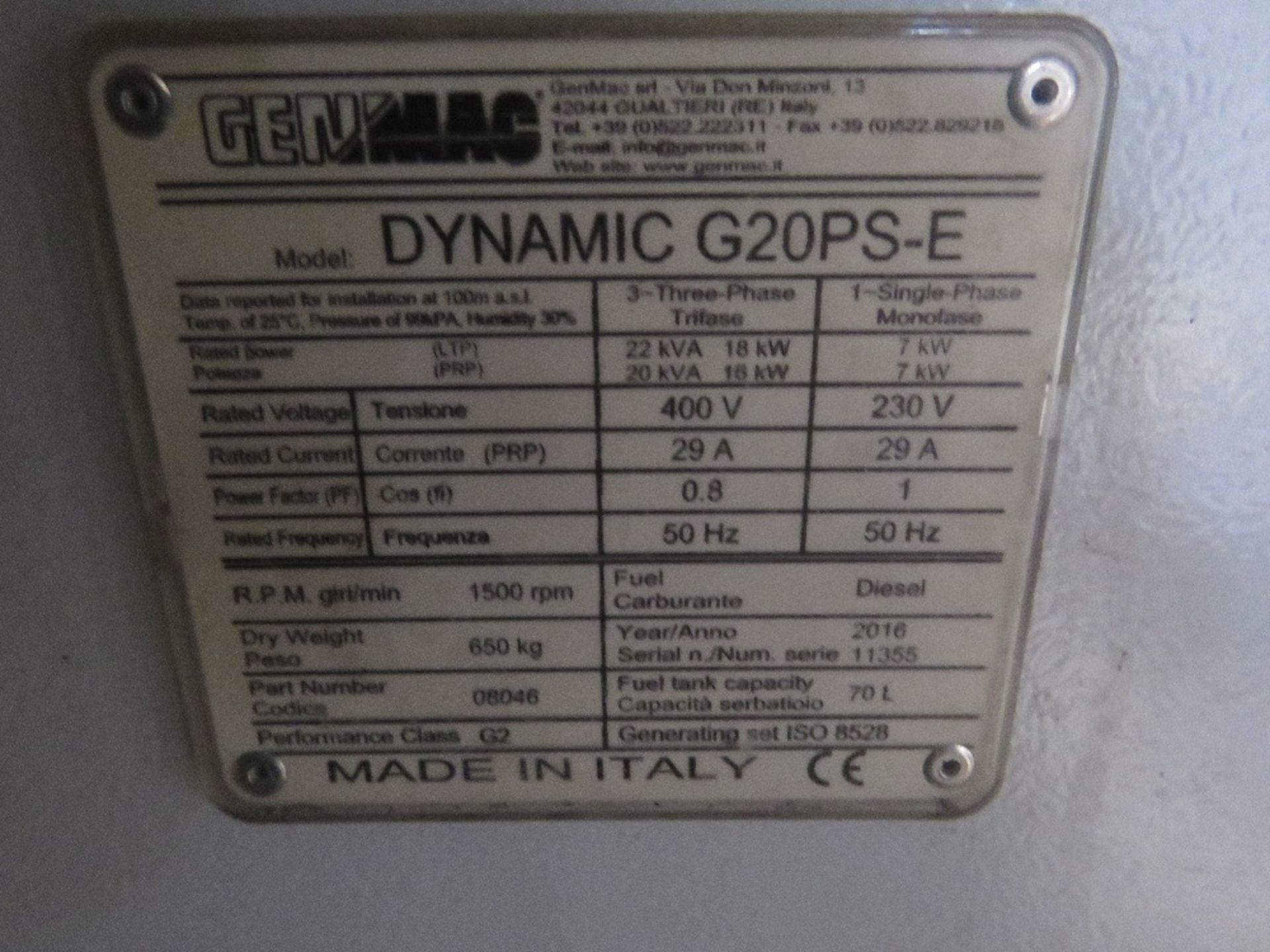 GENMAC 22KVA GENERATOR SET, YEAR 2016, OWNED FROM NEW. SN:11355. 12,103 REC HOURS. REGULARLY SERVICE - Image 7 of 12