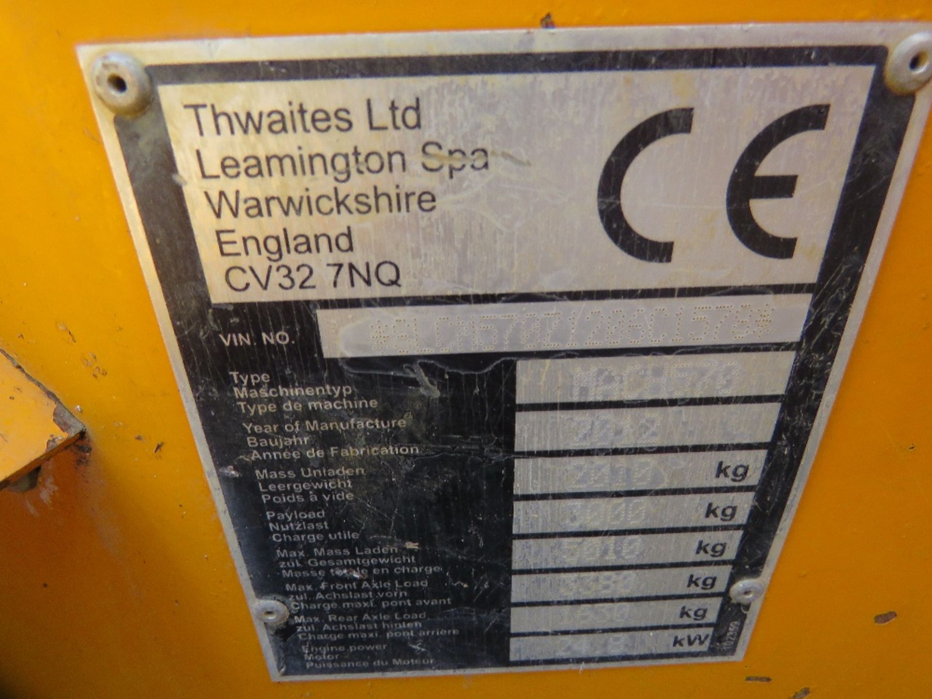 THWAITES 3 TONNE SITE DUMPER YEAR 2012 BUILD. 2484 REC HOURS. SN:SLCM570Z1206C1578. DIRECT FROM LOC - Image 12 of 12