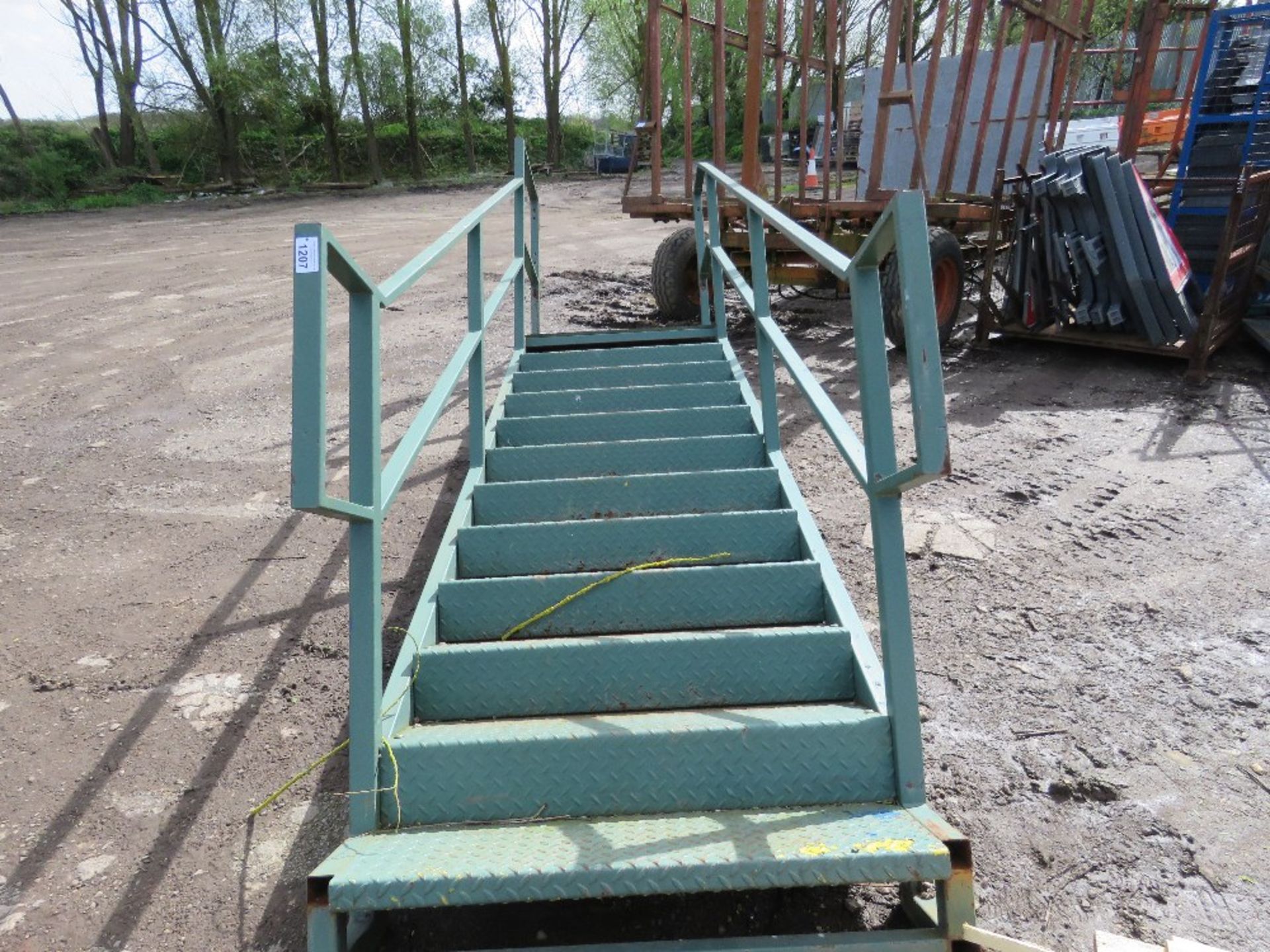 STEEL STAIRCASE FOR ACCESS TO PORTABLE OFFICE ETC. 13FT OVERALL LENGTH APPROX WITH A LANDING. 12 TRE - Image 2 of 4