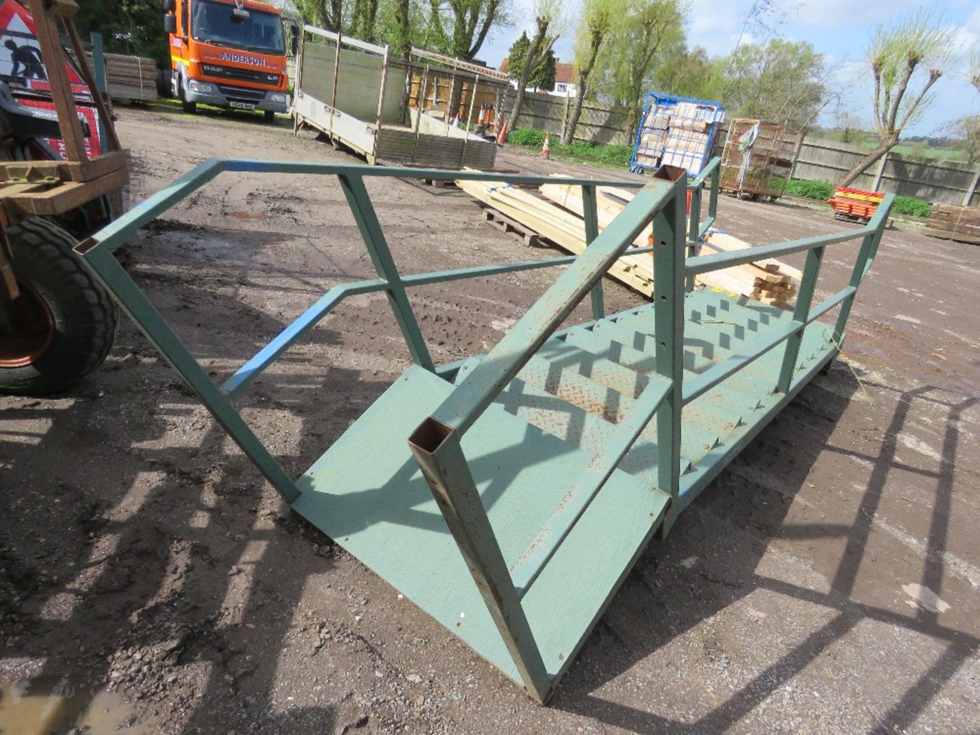 STEEL STAIRCASE FOR ACCESS TO PORTABLE OFFICE ETC. 13FT OVERALL LENGTH APPROX WITH A LANDING. 12 TRE - Image 3 of 4