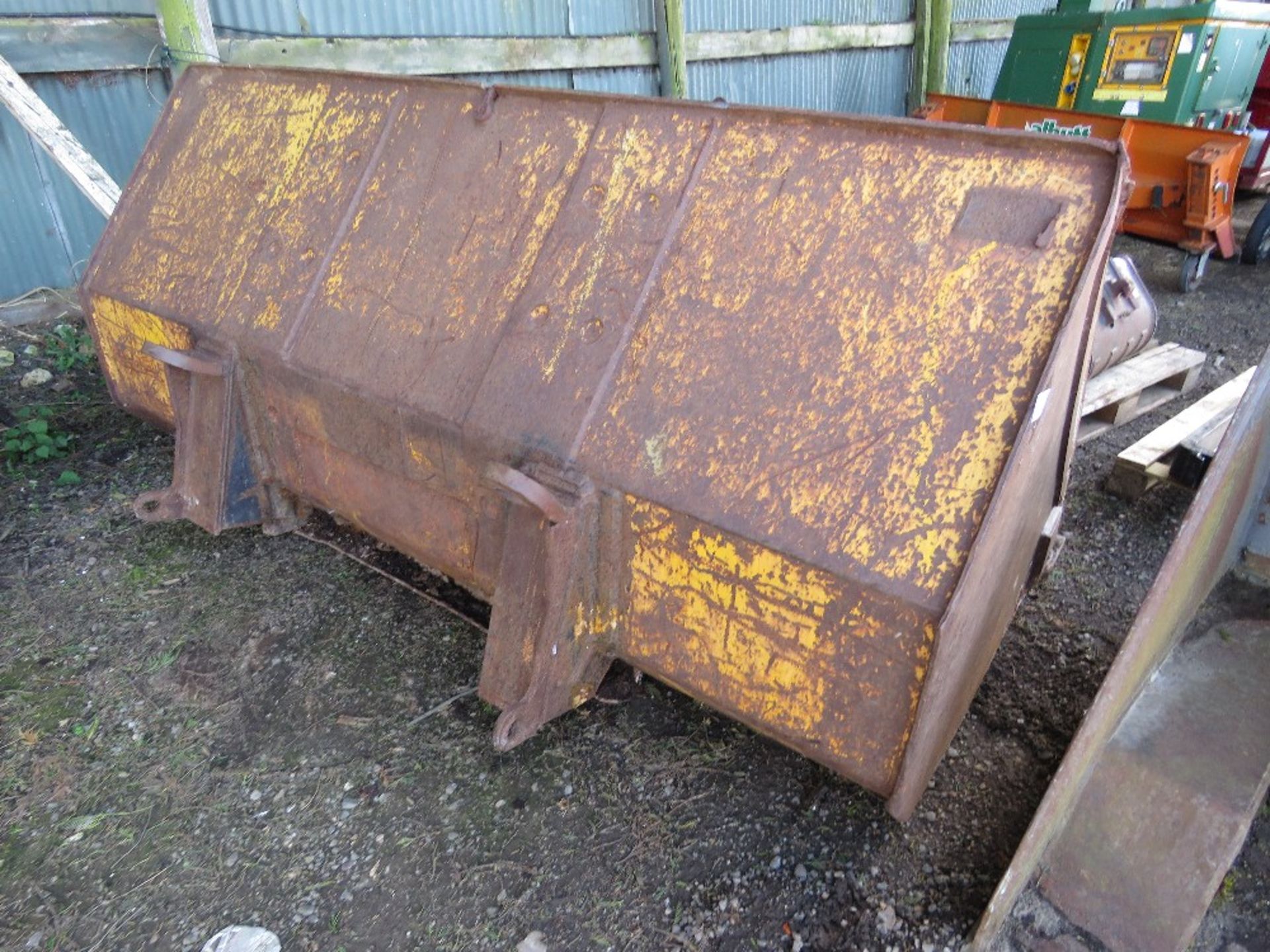 LARGE LOADING SHOVEL BUCKET, 8FT WIDTH APPROX, CONE AND PIN TYPE BRACKETS FITTED.