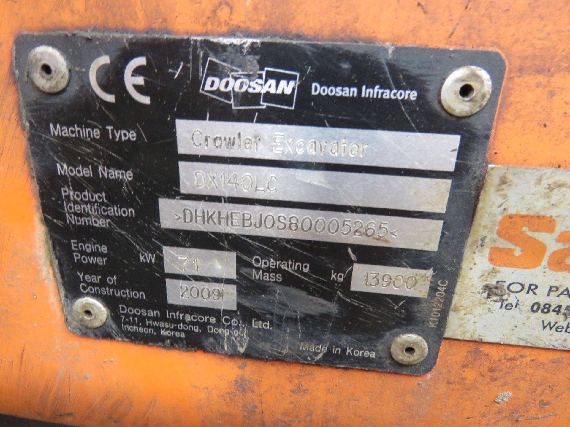 DOOSAN DX140LC STEEL TRACKED 14 TONNE EXCAVATOR, YEAR 2009 BUILD. 11,593 REC HOURS. 3NO BUCKETS. SN: - Image 17 of 20