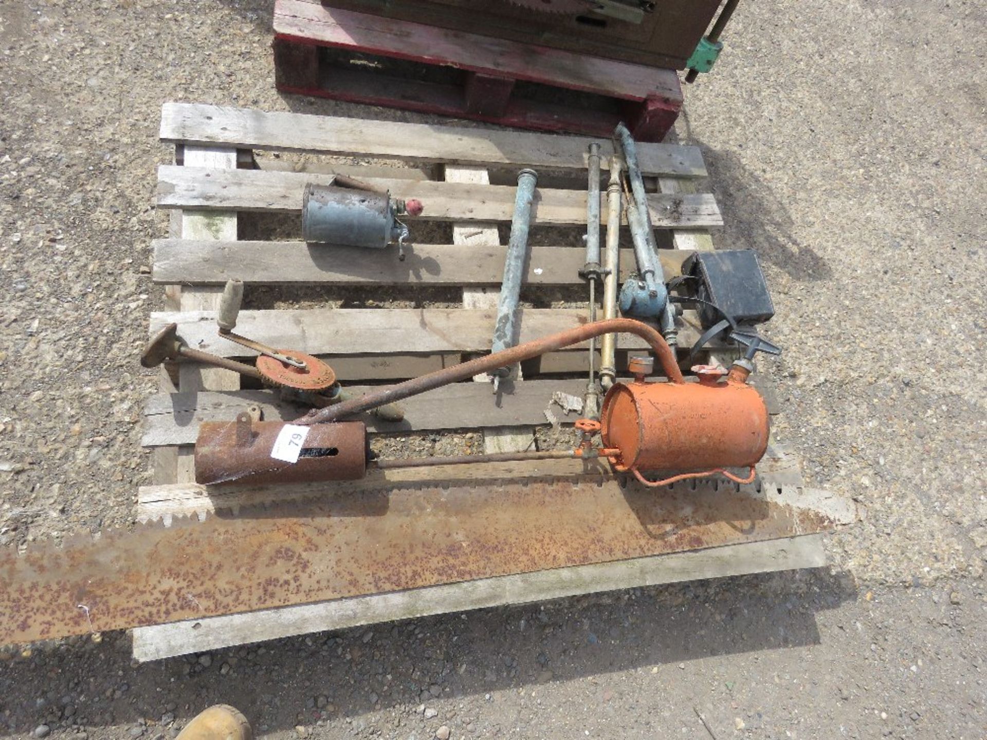 FLAME GUN, OLD SAW AND ITEMS OF INTEREST.